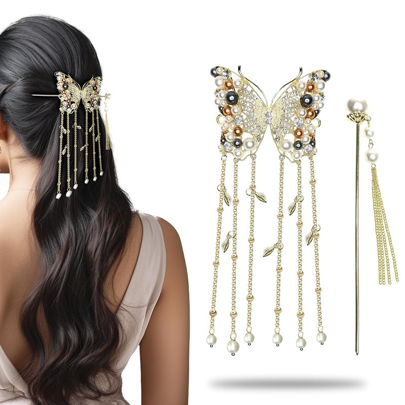 Sanas Pearl Rhinestones Metal Hair Stick Clip 1Pc Butterfly Tassel Long Chain Fork Headwear For Girls Women Wedding Claw Clutcher Exclusive Fashion Head Ornament Korean Pin 1Pc Multicolor - Image 1