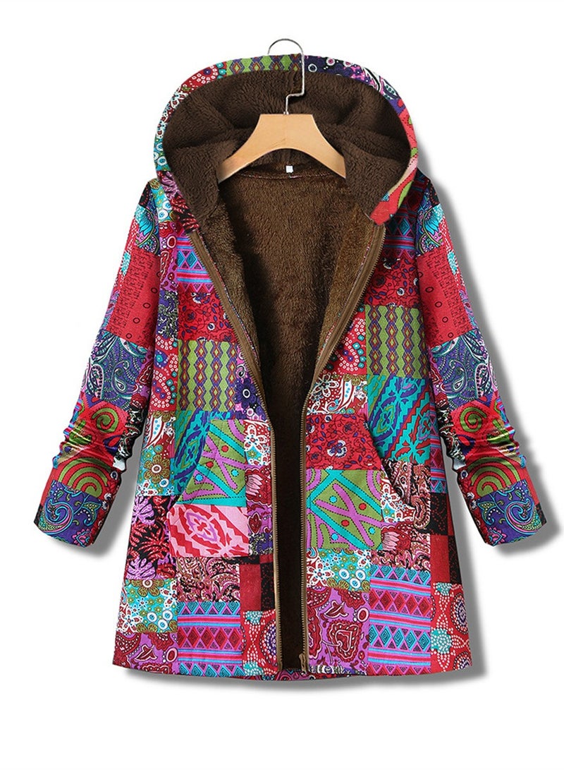 Loquat Autumn And Winter Thick Printed Women's Hooded Slim-Fit Long Warm Coat Red  - Image 1