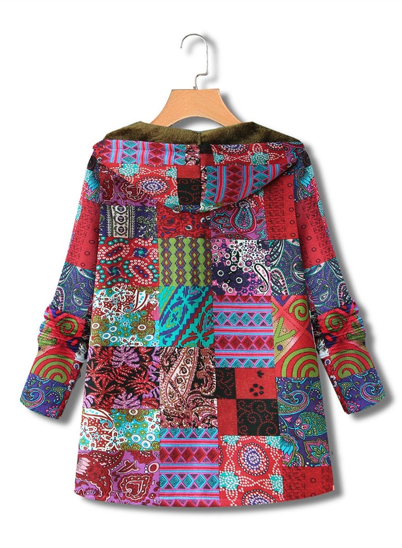 Loquat Autumn And Winter Thick Printed Women's Hooded Slim-Fit Long Warm Coat Red  - Image 2
