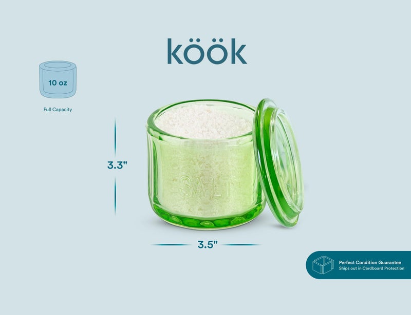 KooK Glass Salt Cellar, with Lid, Embossed Pressed Glass, Clear Storage Container, for Coffee, Sugar, Spices and Candies, 10 oz (Lime Green) - Image 5