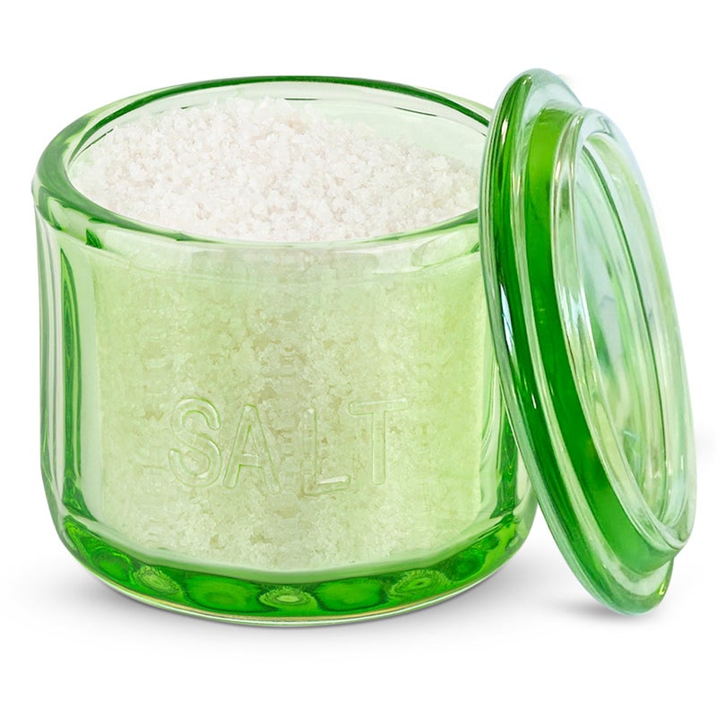 KooK Glass Salt Cellar, with Lid, Embossed Pressed Glass, Clear Storage Container, for Coffee, Sugar, Spices and Candies, 10 oz (Lime Green) - Image 1