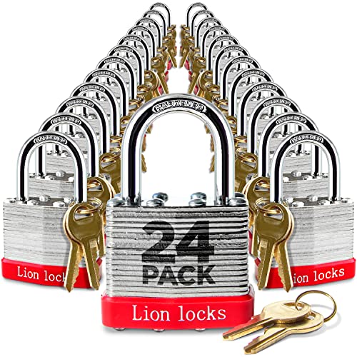 Lion Locks 24 Keyed-Alike Padlocks w/ 1.25” Shackle, 48 Keys, Hardened Steel Case, Brass Cylinder (24-Pack) - for Hasp Latch, Sheds, Fences, Storage Locker, School, Gym - Image 1