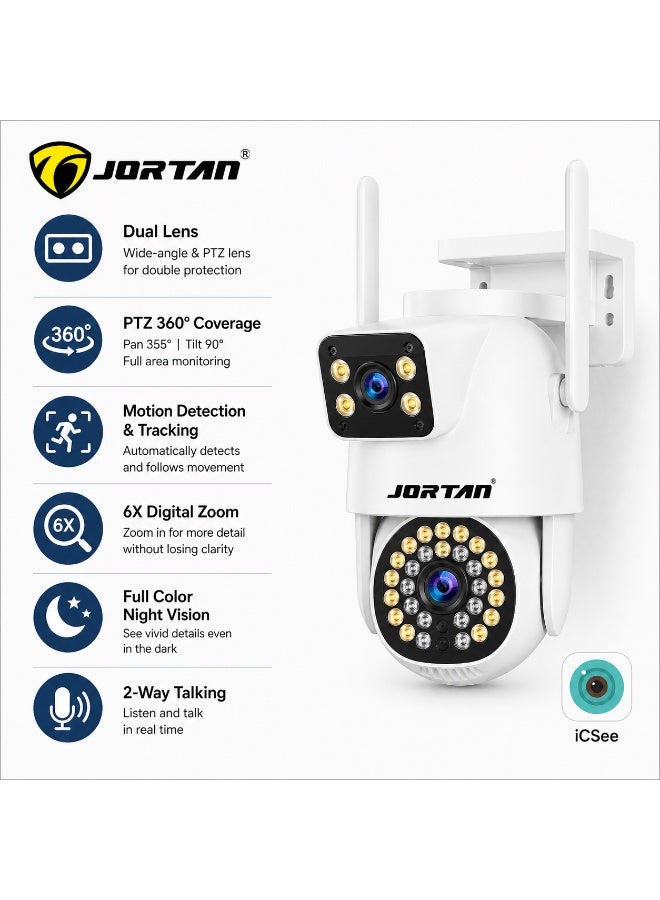 Jortan 4MP Dual Lens WIFI PTZ Camera, Dual Monitoring, Full Color Night Vision, 2 way Talking, Motion Detection, IP66 Waterproof, PTZ Control, 24/7 surveillance Camera, - Image 1