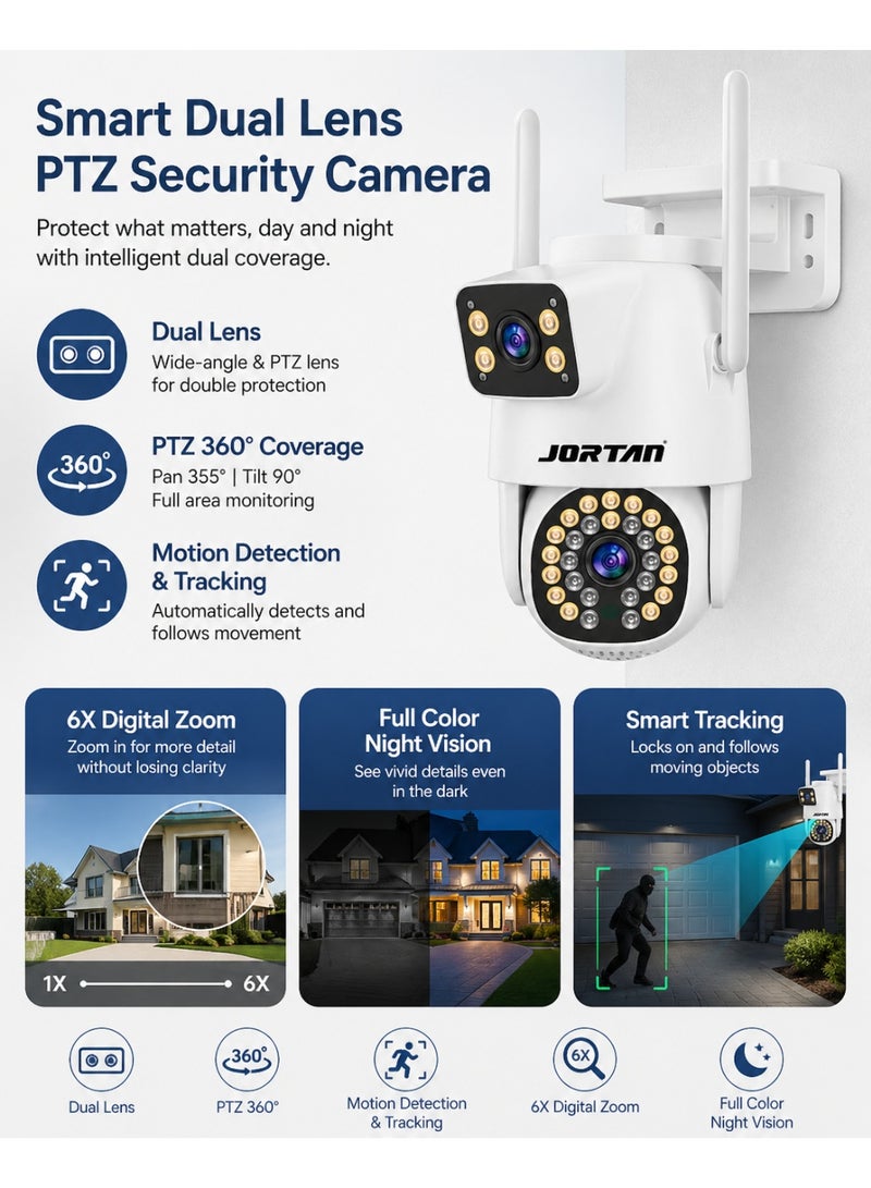 Jortan 4MP Dual Lens WIFI PTZ Camera, Dual Monitoring, Full Color Night Vision, 2 way Talking, Motion Detection, IP66 Waterproof, PTZ Control, 24/7 surveillance Camera, - Image 5