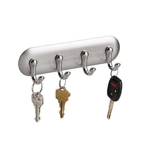 InterDesign iDesign York BPA-Free Plastic AFFIXX Self-Adhesive 4-Hook Key Rack - 6" x 1.8" x 1.2", Brushed/Chrome - Image 2