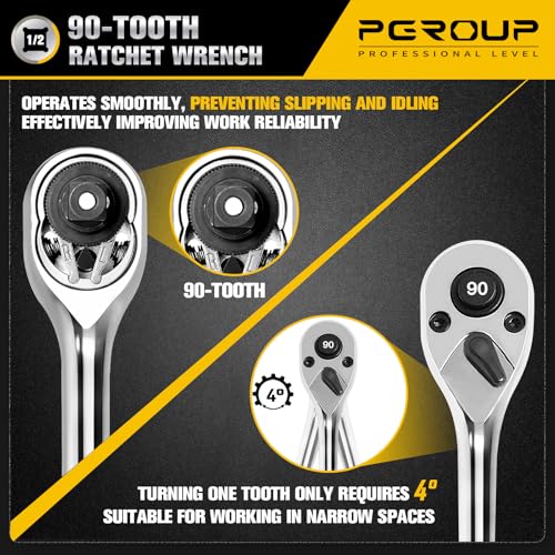 pgroup 1/2-Inch Drive Ratchet Wrench, 90-Tooth Quick-release Reversible Ratchet Wrench with an Extension Bar(3 inch), 10" Long Socket wrench, 4-Degree Swing, Full Polished, Cr-Mo Head For Gifting, Repairing - Image 3