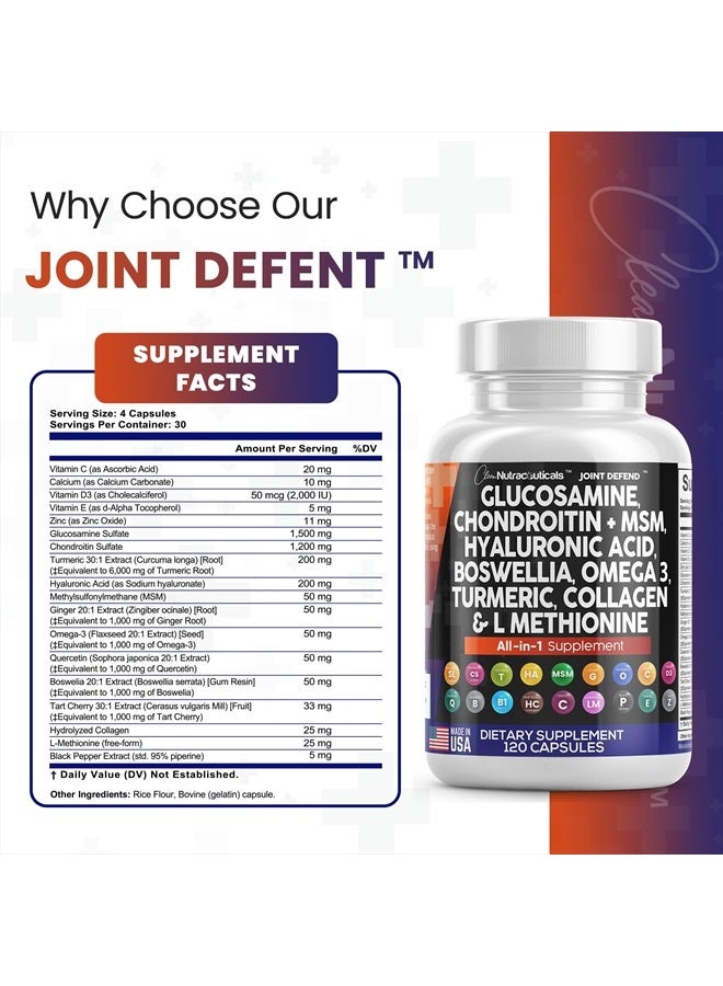 Clean Nutraceuticals Glucosamine Chondroitin MSM Turmeric Hyaluronic Acid Boswellia Collagen Tart Cherry - Joint Support Supplement Omega 3 Pills Ginger Quercetin Capsules - 120 Count USA - Image 3