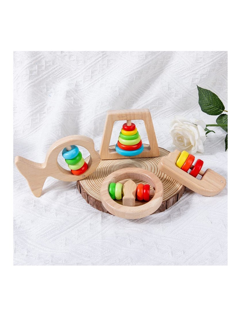 Excefore Baby Wooden Rattle Toy Set, 4Pcs Rainbow Color Shaker Bell Set, Infant Rattle Sensory Development Wooden Toys Set for Baby, Toddler - Image 3