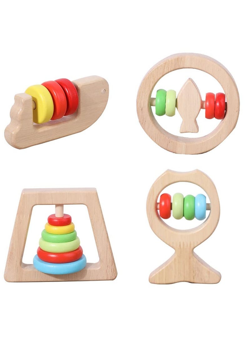 Excefore Baby Wooden Rattle Toy Set, 4Pcs Rainbow Color Shaker Bell Set, Infant Rattle Sensory Development Wooden Toys Set for Baby, Toddler - Image 1