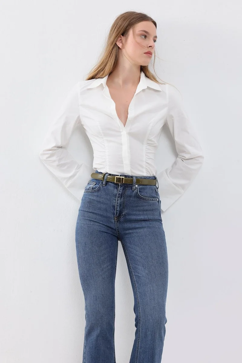 Pieces Of Melon White Gathered Detailed Lycra Poplin Shirt
