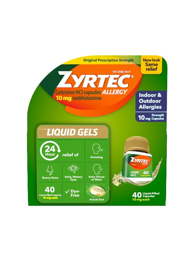 ZYRTEC جيلات سائلة لتخفيف الحساسية لمدة 24 ساعة، كبسولات مضادة للهستامين مع سيتيريزين هيدروكلوريد لعلاج الحساسية لتخفيف الأعراض طوال اليوم من سيلان الأنف، العطس، حكة العينين والمزيد، 40 كبسولة - Image 1