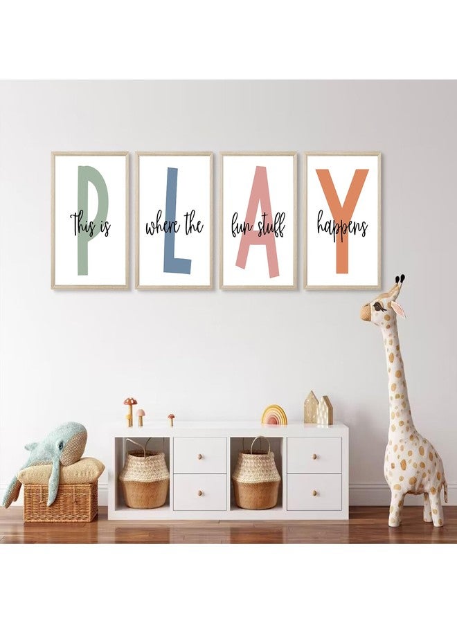 Baccone Kids Playroom Wall Art Boys Room Wall Decor Childrens Playroom Canvas Prints Baby Boy Kids Room Poster Decor Toddler Nursery Print Artwork Let'S Play Sign 8x10 Inch Set of 4 Wooden Frame - Image 5