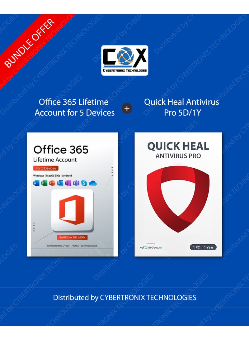 Quick Heal Office 365 Lifetime Account for 5 Devices (Windows, Android, MAC, iOS & Online) + Quick Heal Antivirus pro for 5 Windows Device 1 Year | Digital Subscription | SAME DAY DELIVERY - Image 1