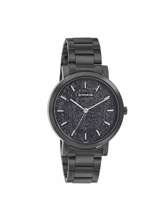 Sonata ساعة أنالوج نسائية 8164NM01 - قرص أسود، حزام فولاذي مقاوم للصدأ أسود، حركة كوارتز، مقاومة للماء حتى 3 ATM، ساعة أنيقة وجاهزة كهدية - Image 1