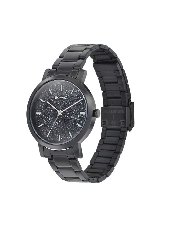 Sonata ساعة أنالوج نسائية 8164NM01 - قرص أسود، حزام فولاذي مقاوم للصدأ أسود، حركة كوارتز، مقاومة للماء حتى 3 ATM، ساعة أنيقة وجاهزة كهدية - Image 2