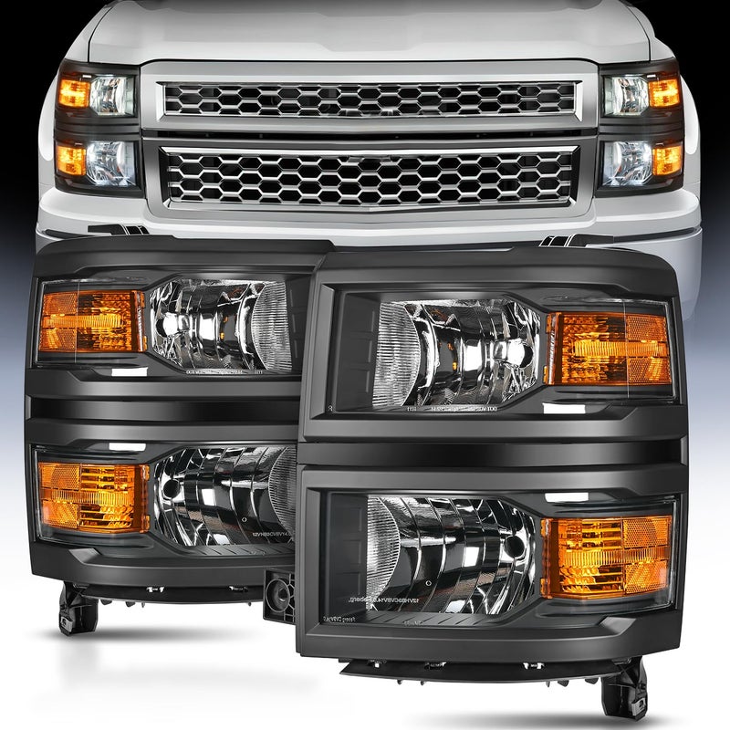 Nilight Headlight Assembly Compatible with 2014 2015 Chevy Silverado 1500 Pickup Truck Replacement Headlamp Black Housing Amber Reflector Driver and Passenger Side