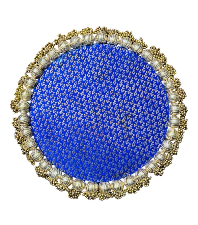 Smaran 1 Set Handmade Gota Patti Work Plate Platter with Golden MotiPerfect for Table Decor Royal Blue Colour Base for Statues Ideal Gift for Housewarming Wedding Pooja thali or mandir - Image 1