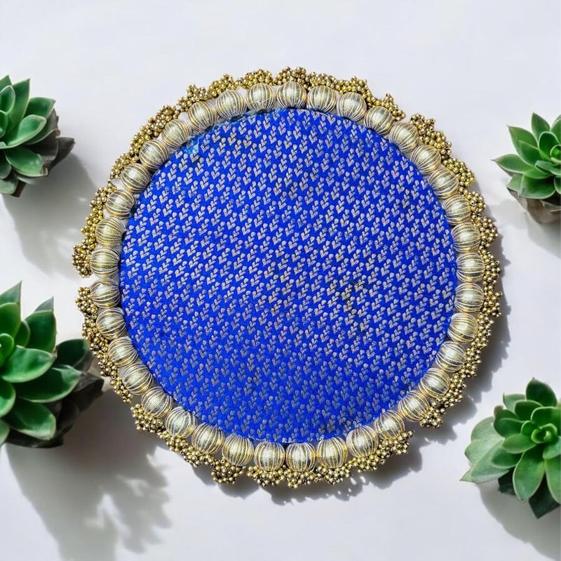 Smaran 1 Set Handmade Gota Patti Work Plate Platter with Golden MotiPerfect for Table Decor Royal Blue Colour Base for Statues Ideal Gift for Housewarming Wedding Pooja thali or mandir - Image 4