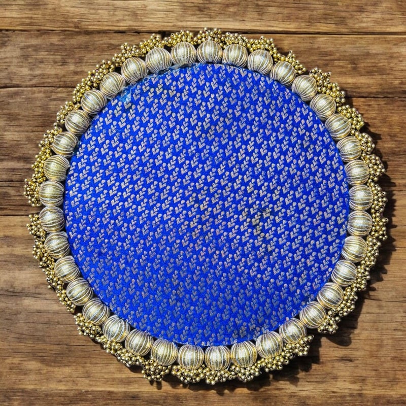 Smaran 1 Set Handmade Gota Patti Work Plate Platter with Golden MotiPerfect for Table Decor Royal Blue Colour Base for Statues Ideal Gift for Housewarming Wedding Pooja thali or mandir - Image 3