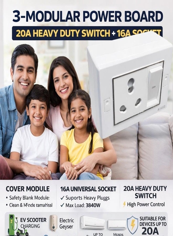 A1 LED 20A Heavy Duty Universal Socket with Switch for AC Geyser Microwave | High Load Power Socket | Wall Mount Modular Design | Durable Plastic Body | Safe & Reliable for Home Office Use - Image 3