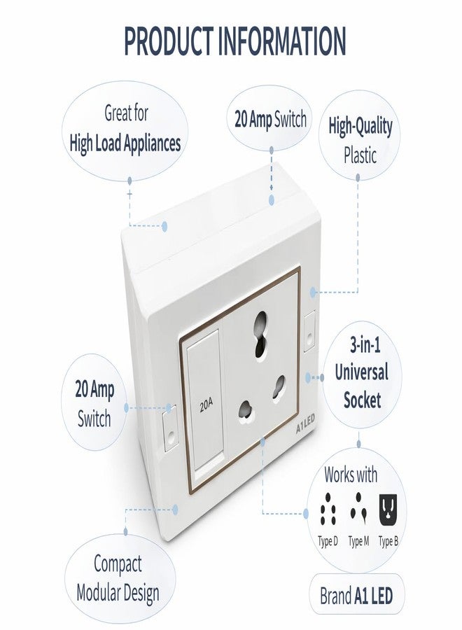 A1 LED 20A Heavy Duty Universal Socket with Switch for AC Geyser Microwave | High Load Power Socket | Wall Mount Modular Design | Durable Plastic Body | Safe & Reliable for Home Office Use - Image 4