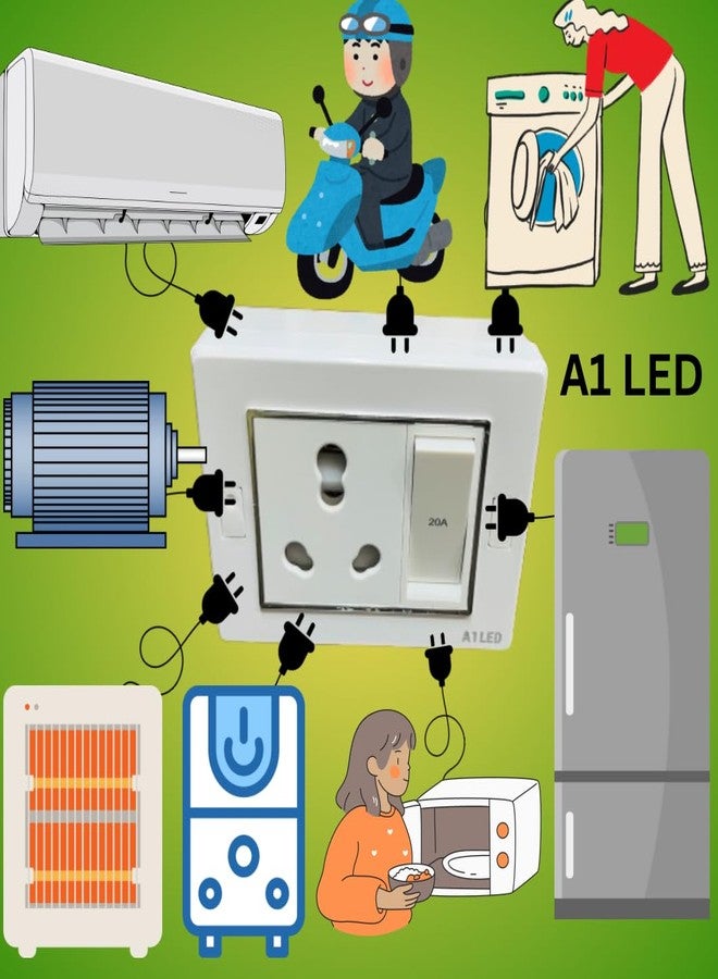 A1 LED 20A Heavy Duty Universal Socket with Switch for AC Geyser Microwave | High Load Power Socket | Wall Mount Modular Design | Durable Plastic Body | Safe & Reliable for Home Office Use - Image 2