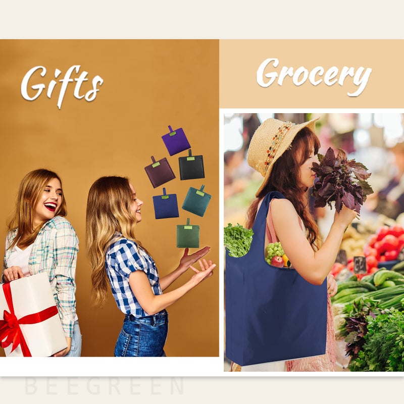 BeeGreen Reusable Grocery Bags Heavy Duty Extra Large 6 Pack Foldable Tote Bag - Cloth Grocery Bags Machine Washable Polyester Fabrics Bulk Shopping Bag - Reusable Gifts for Women (Green Black) - Image 2