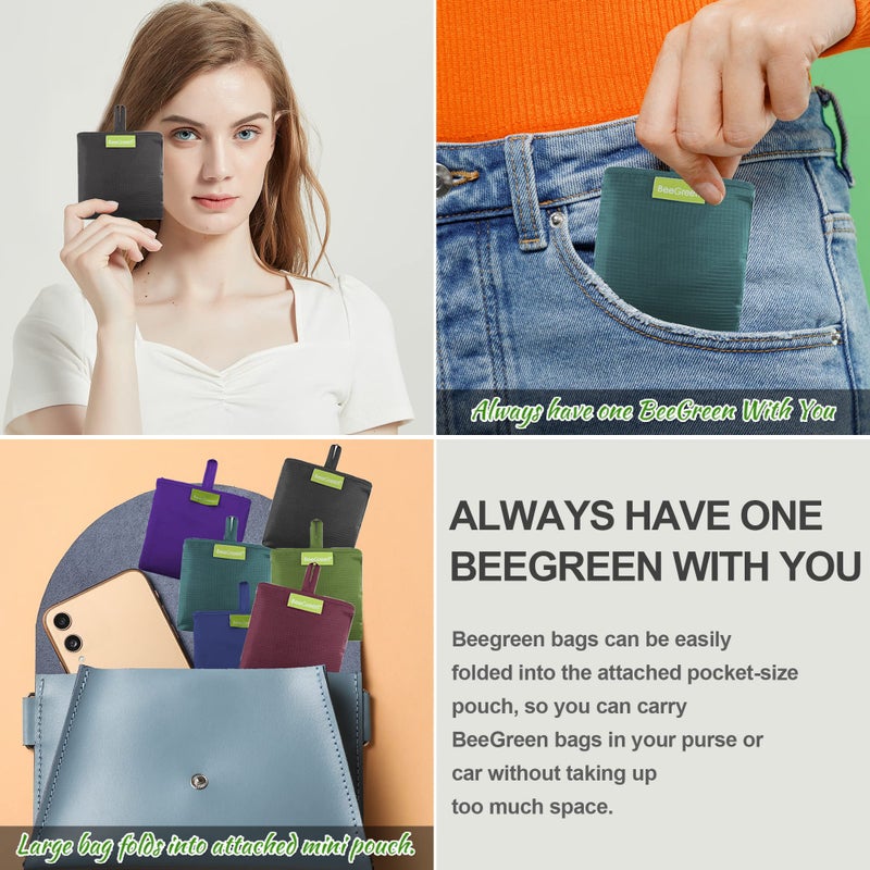 BeeGreen Reusable Grocery Bags Heavy Duty Extra Large 6 Pack Foldable Tote Bag - Cloth Grocery Bags Machine Washable Polyester Fabrics Bulk Shopping Bag - Reusable Gifts for Women (Green Black) - Image 5