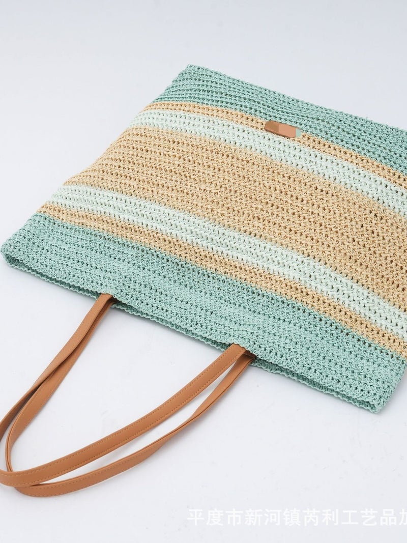 New Fashion Woven Color Stripe Beach Vacation Handmade Straw Tote Large Capacity Underarm Bag - Image 5