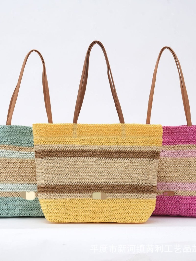 New Fashion Woven Color Stripe Beach Vacation Handmade Straw Tote Large Capacity Underarm Bag - Image 2