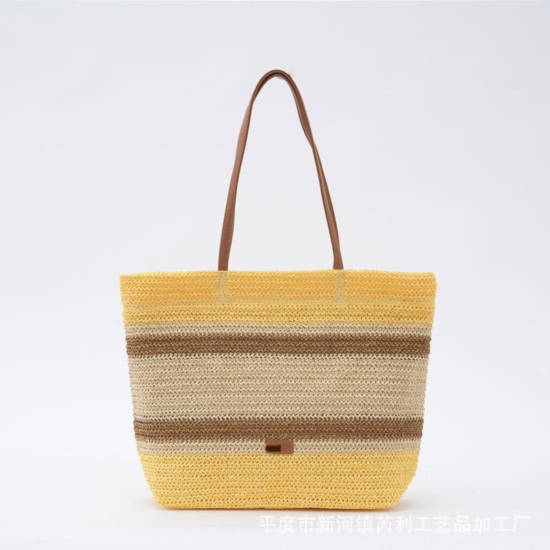 New Fashion Woven Color Stripe Beach Vacation Handmade Straw Tote Large Capacity Underarm Bag - Image 1