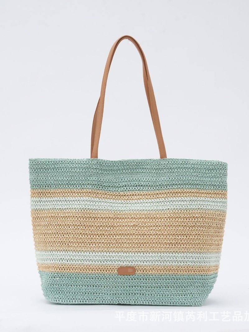 New Fashion Woven Color Stripe Beach Vacation Handmade Straw Tote Large Capacity Underarm Bag - Image 4