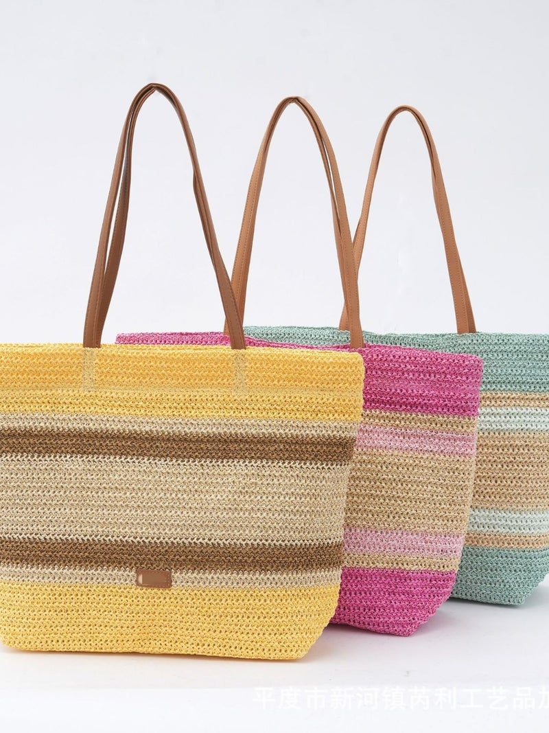 New Fashion Woven Color Stripe Beach Vacation Handmade Straw Tote Large Capacity Underarm Bag - Image 3