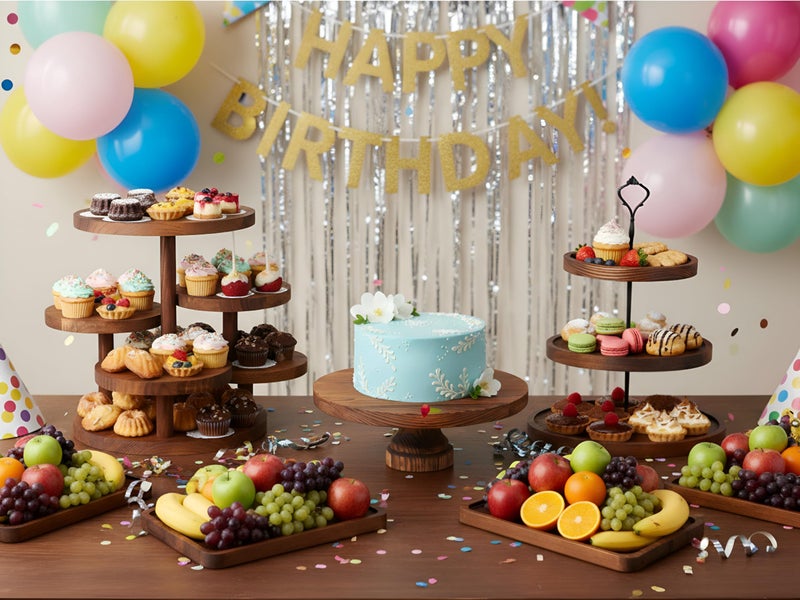 RattanView 7 Pcs Wooden Dessert Table Display Set Round Cupcake Tower Stand Rectangular Serving Tray Cookie Cake Macaron Platter for Display Centerpiece Tea Party Baby Shower Wedding Birthday - Image 5