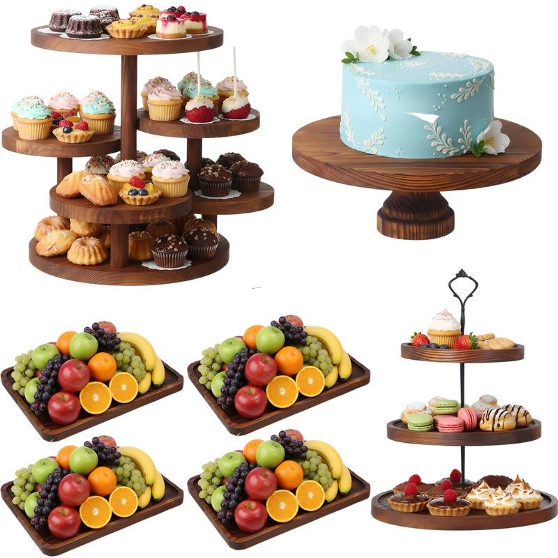 RattanView 7 Pcs Wooden Dessert Table Display Set Round Cupcake Tower Stand Rectangular Serving Tray Cookie Cake Macaron Platter for Display Centerpiece Tea Party Baby Shower Wedding Birthday - Image 1