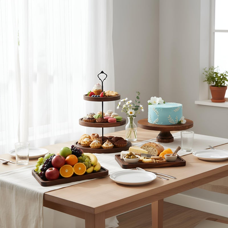 RattanView 7 Pcs Wooden Dessert Table Display Set Round Cupcake Tower Stand Rectangular Serving Tray Cookie Cake Macaron Platter for Display Centerpiece Tea Party Baby Shower Wedding Birthday - Image 4