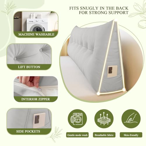 DANGHOOGY Headboard Pillow Queen, Large Triangular Wedge Headboard Pillow for Reading and Resting, Backrest Positioning Support Pillow with Removable Cover (Light Grey) - Image 5