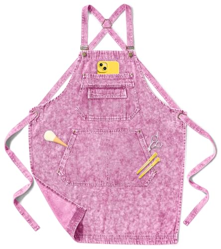 Vammcht Denim Aprons for Women with Multipockets Adjustable Comfortable Cross Back Straps Aprons Hairdresser Apron for Salon Dairstylist Nail Tech Cosmetology Barber Gardening Barista Gift Pink - Image 1