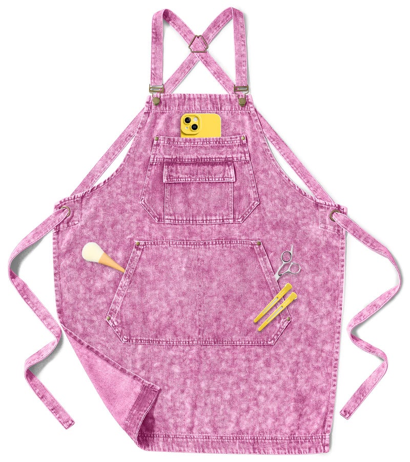 Vammcht Denim Aprons for Women with Multipockets Adjustable Comfortable Cross Back Straps Aprons Hairdresser Apron for Salon Dairstylist Nail Tech Cosmetology Barber Gardening Barista Gift Pink - Image 2