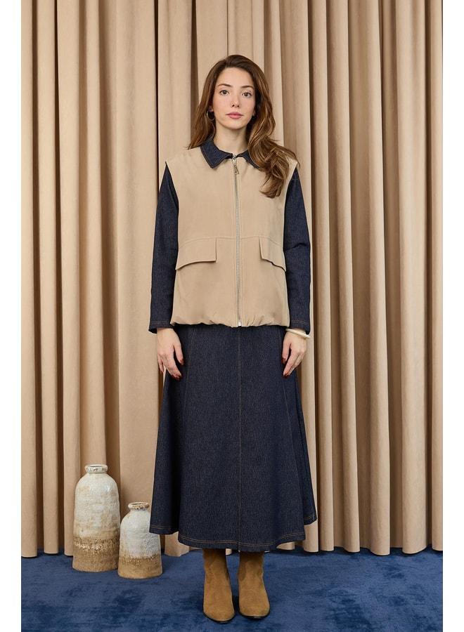 Soul Women's Pocket Detailed Suede Vest - 32404YLK - BEIGE. - Image 3