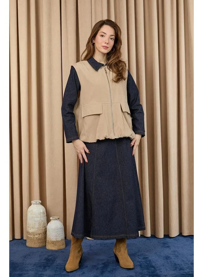 Soul Women's Pocket Detailed Suede Vest - 32404YLK - BEIGE.