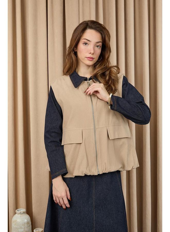 Soul Women's Pocket Detailed Suede Vest - 32404YLK - BEIGE. - Image 1