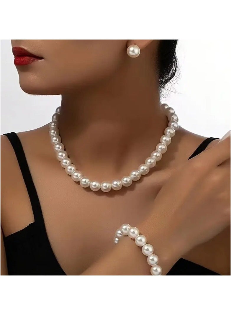 Elegant Faux Pearl Jewelry Set for Women - Necklace, Earrings, and Wrist Accessory, Daily Wear with Non-Metallic Clasp - 1 Set  - Image 1