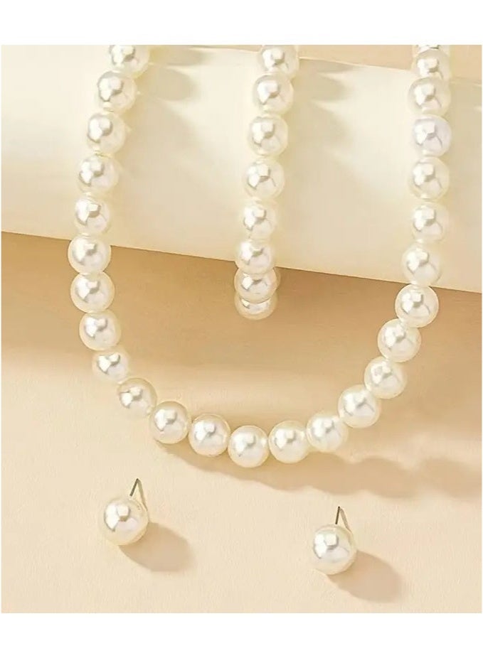 Elegant Faux Pearl Jewelry Set for Women - Necklace, Earrings, and Wrist Accessory, Daily Wear with Non-Metallic Clasp - 1 Set  - Image 3