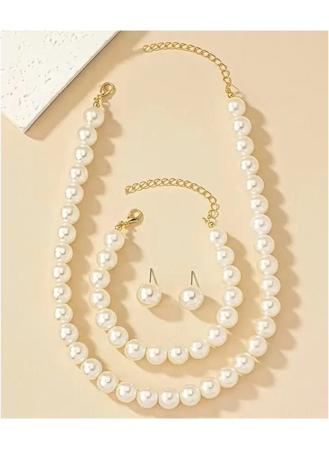 Elegant Faux Pearl Jewelry Set for Women - Necklace, Earrings, and Wrist Accessory, Daily Wear with Non-Metallic Clasp - 1 Set  - Image 5