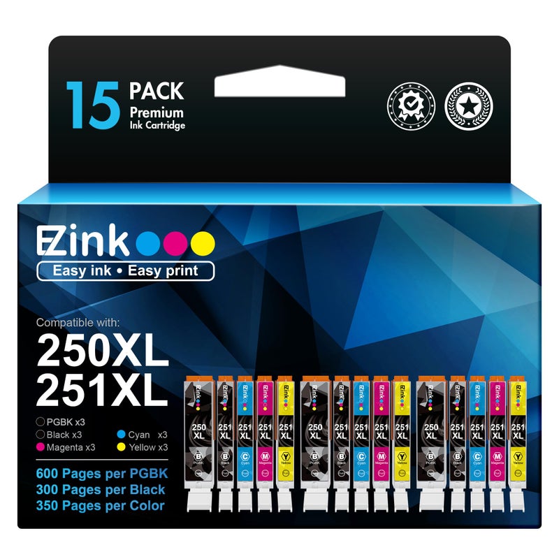 E-Z Ink Compatible Ink Cartridges Replacement for Canon 250 251 XL PGI-250XL CLI-251XL to use with PIXMA MX922 MX920 IX6820 MG5520 MG7520 IP8720 MG6620 MG6320 MG7120 (15 Pack) - Image 1