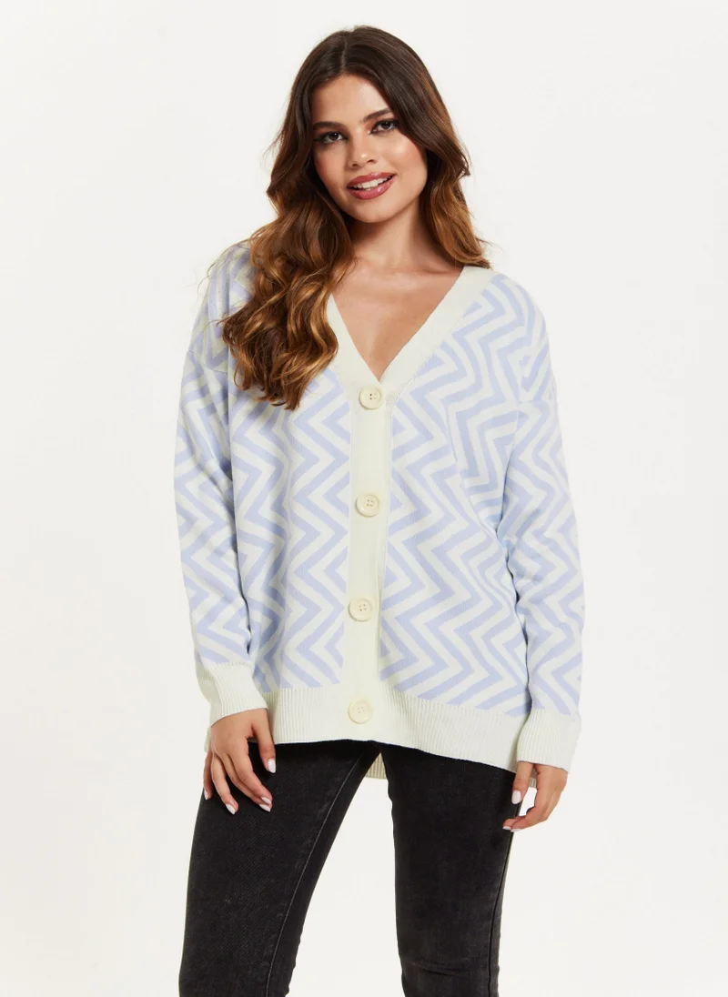 Liquorish Zig Zag Pattern Cardigan Blue&White