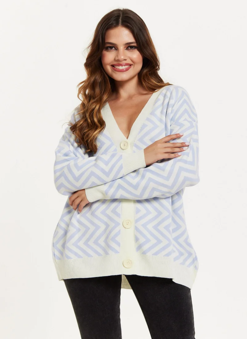 Liquorish Zig Zag Pattern Cardigan Blue&White