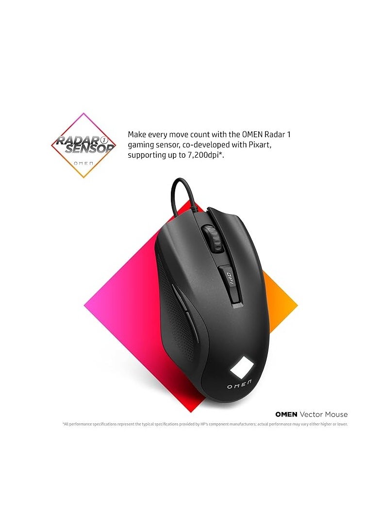 HP - NEW HP OMEN Vector USB Wired Gaming Mouse Radar Sensor Black-6 Programmable buttons - Image 1