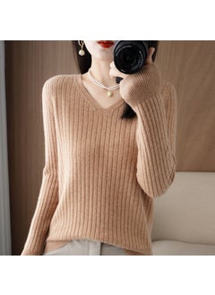 Spring 2025 Womens Wool-Blend Sweater V-Neck Solid Color Ribbed Pullover Base Knitted Top Smooths Your Silhouette Golden Camel